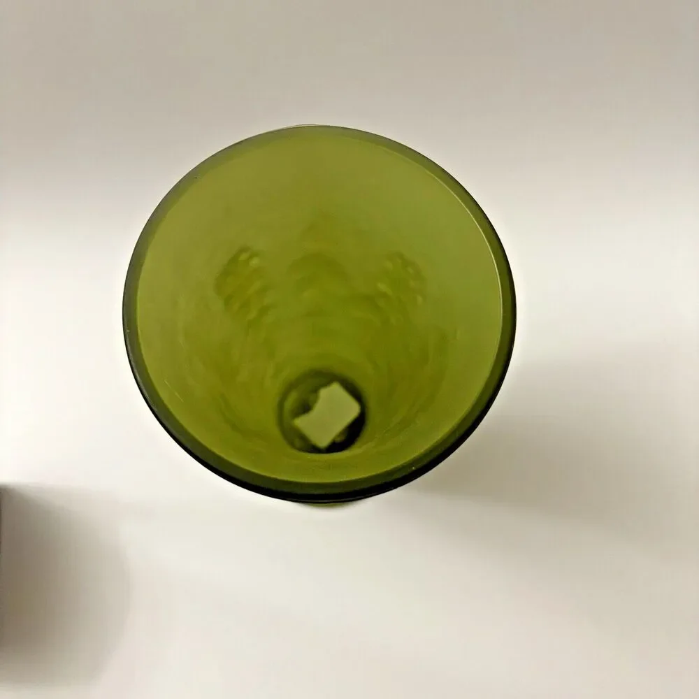 Vintage Green Glass Pedestal Vase with Grape Vines  7.5 inches